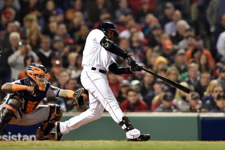 Oct 14, 2018; Boston, MA, USA; Boston Red Sox center fielder Jackie Bradley Jr. (19) hits a three RBI double during the third inning against the Houston Astros in game two of the 2018 ALCS playoff baseball series at Fenway Park. Mandatory Credit: Bob DeChiara-USA TODAY Sports