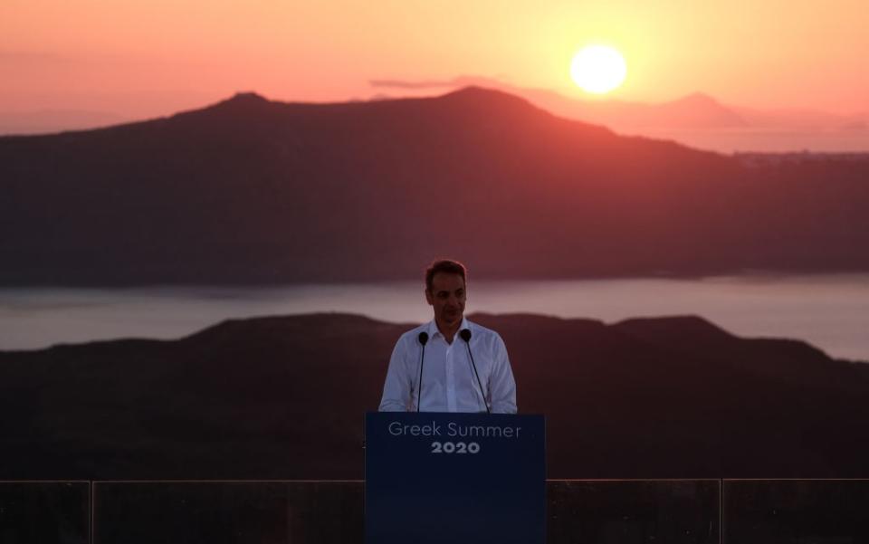 Kyriakos Mitsotakis, the prime minister, staged a press conference against the flattering backdrop of Santorini’s world-famous sunset to announce that Greece was “open for business” - getty