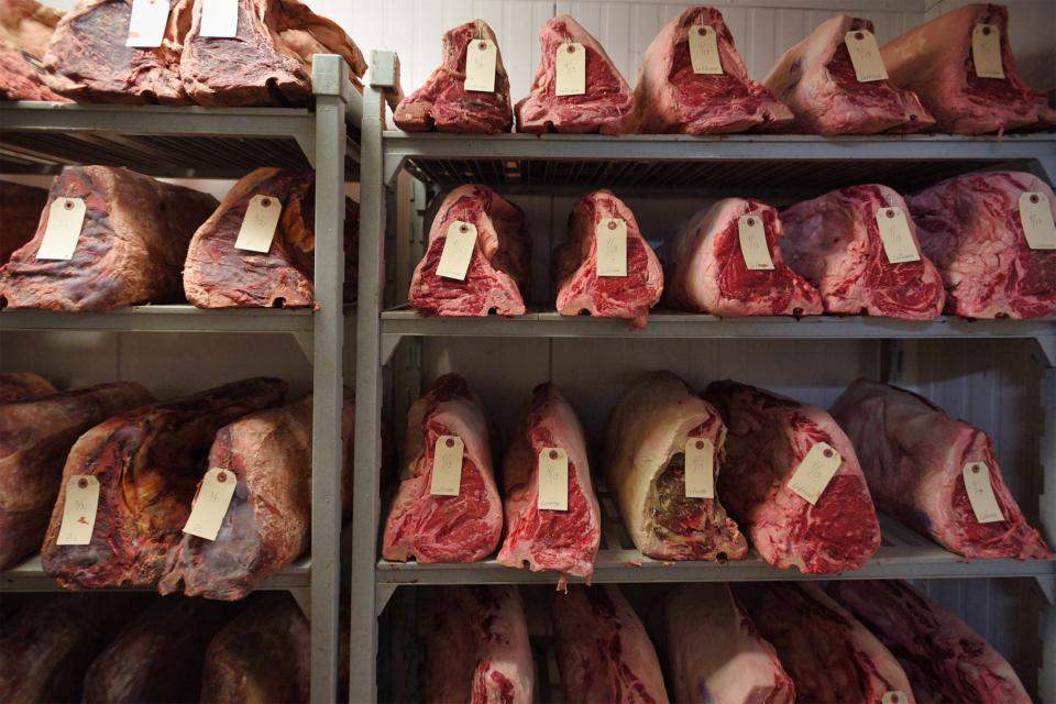 Various joints of beef being kept inside of the meat locker at The River Palm Terrace in Edgewater, Thursday on 04/14/22.