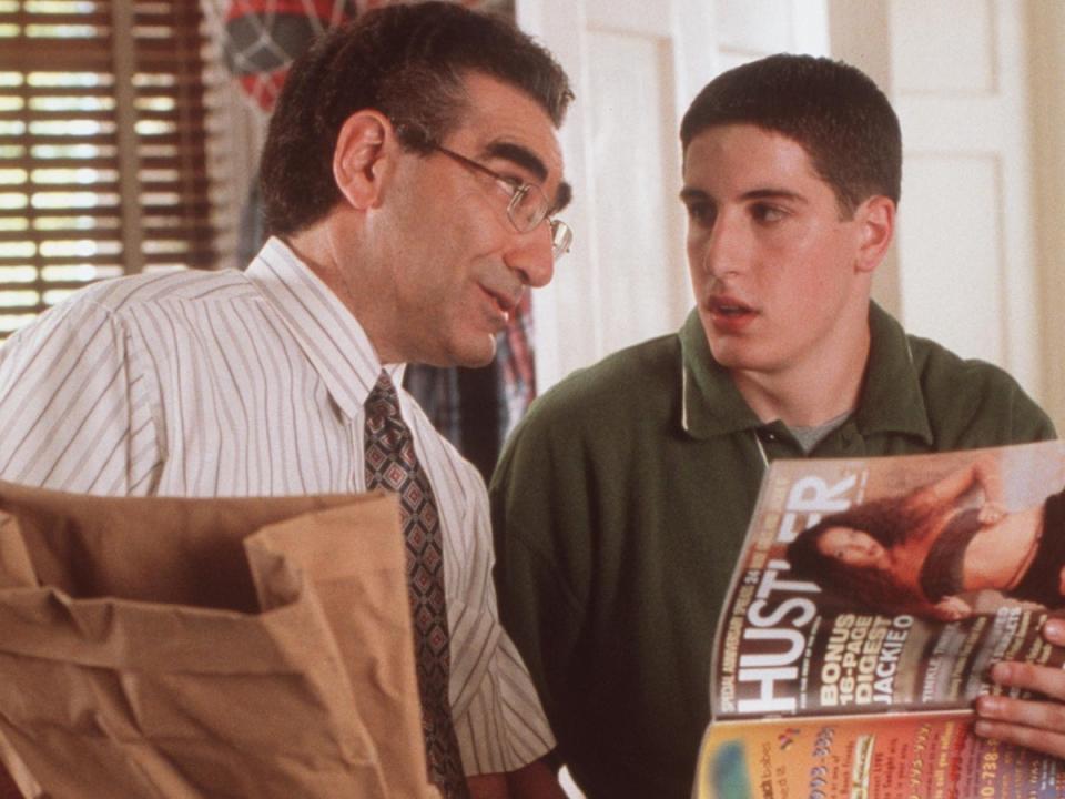 Father figure: Levy and Jason Biggs as Noah and Jim Levenstein in ‘American Pie’ (Getty)