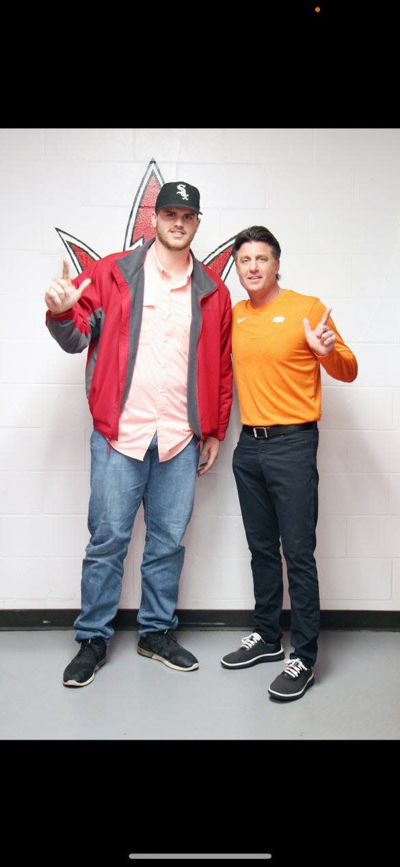 Former Texas State left tackle Dalton Cooper, left, committed to Oklahoma State a few days after a visit with Cowboy coach Mike Gundy, right.