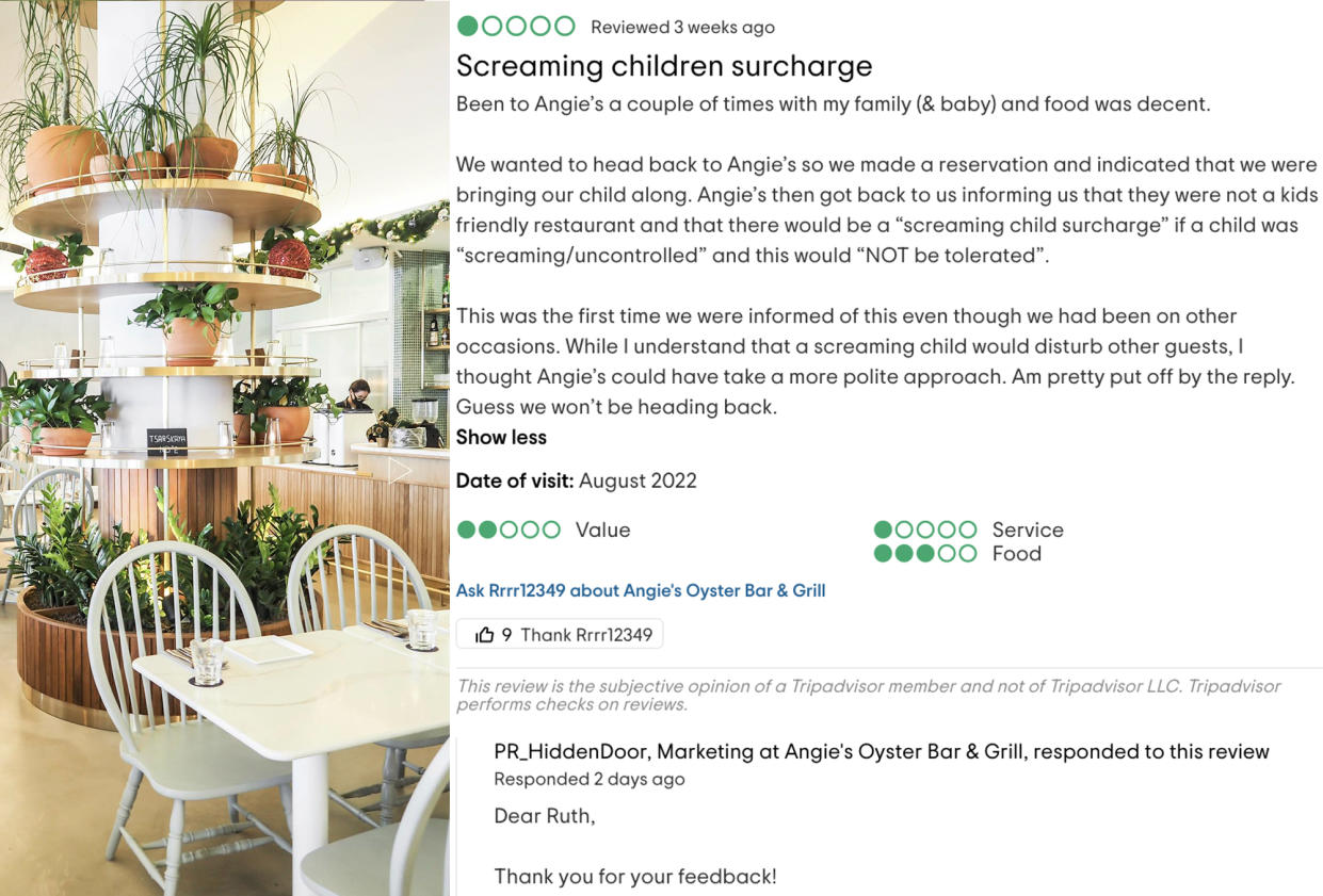 Left to right: photo of the restaurant and a review left on TripAdvisor. (PHOTOS: Angie's Oyster Bar & Grill, TripAdvisor screencap)