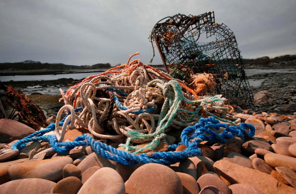 A washed-up lobster trap and tangled line sit on a beach in Biddeford, Maine, Nov. 13, 2009. Marine Stewardship Council, one of the most cited seafood sustainability organizations in the country, has decided to suspend the Maine lobster fishery's sustainability certificate over concerns about threats to whales.