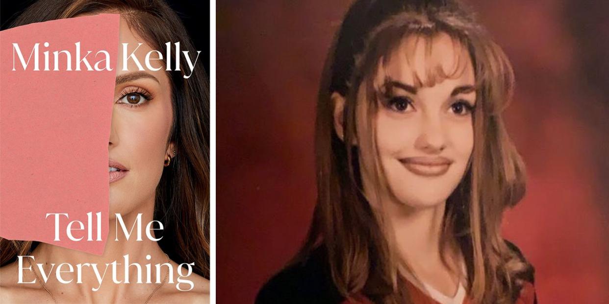 minka kelly's yearbook photo, in which the actress has 90s teased bangs and brown lipstick