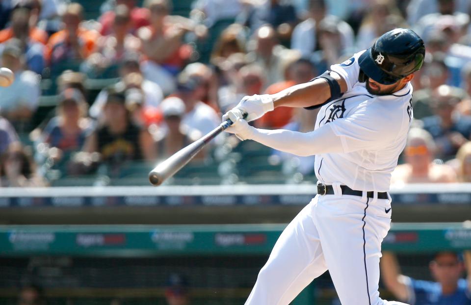 Riley Greene (31) of the Detroit Tigers hits a triple against the Kansas City Royals during the first inning at Comerica Park on July 2, 2022, in Detroit, Michigan.
