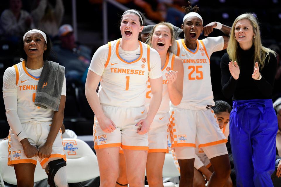 The Lady Vols bench reacts to a play during a game between Tennessee and Texas A&M at Thompson-Boling Arena in Knoxville, Tenn. on Thursday, Jan. 6, 2022.