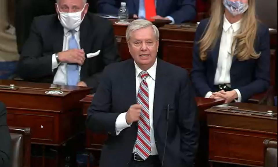 WASHINGTON, DC - JANUARY 6: In this screenshot taken from a congress.gov webcast, Sen. Lindsey Graham (R-SC) speaks during a Senate debate session to ratify the 2020 presidential election at the U.S. Capitol on January 6, 2021 in Washington, DC. Congress has reconvened to ratify President-elect Joe Biden's 306-232 Electoral College win over President Donald Trump, hours after a pro-Trump mob broke into the U.S. Capitol and disrupted proceedings.  (Photo by congress.gov via Getty Images)