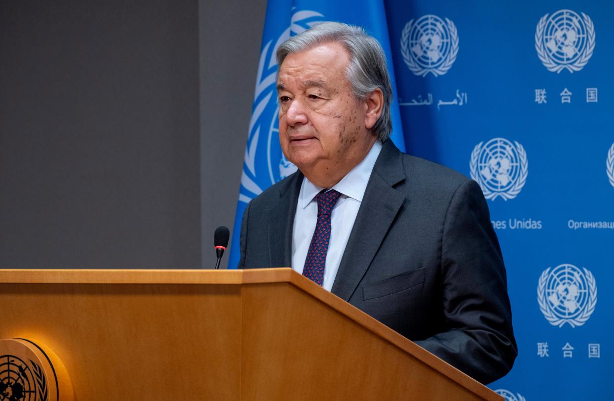 United Nations Secretary-General Antonio Guterres addresses the situation in Israel after an attack by Hamas during a news briefing at United Nations headquarters Monday, 9 October 2023 (AP)