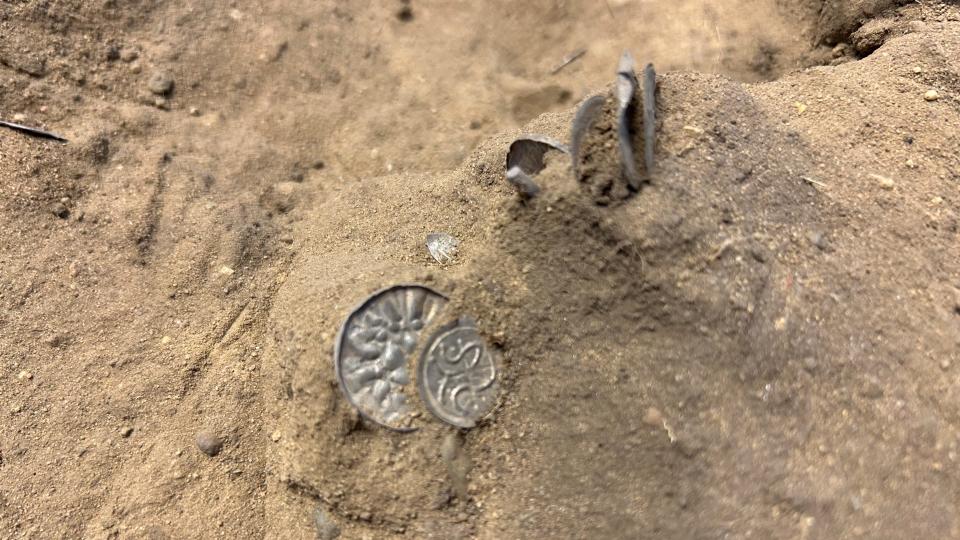 Here we see several silver coins buried in the dirt.