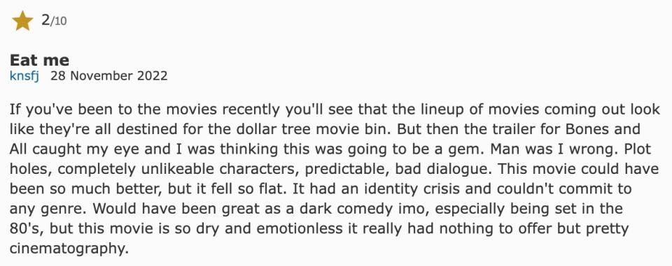 2 star IMDB review for "Bones And All"