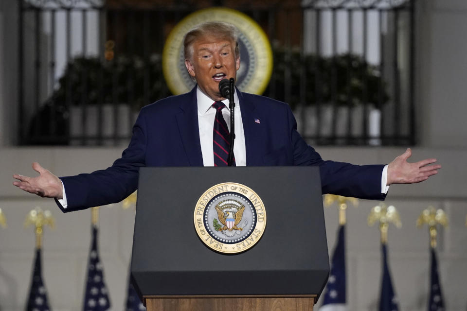 President Donald Trump speaks from the South Lawn of the White House on the fourth day of the Republican National Convention, Thursday, Aug. 27, 2020, in Washington. (AP Photo/Evan Vucci)