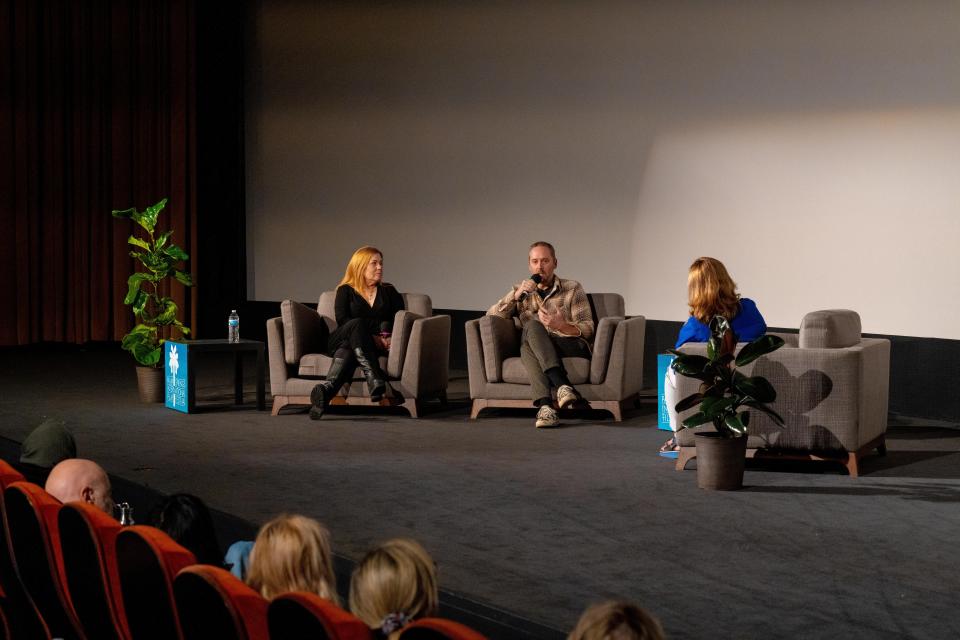 "Killers of the Flower Moon" Indigenous Casting Director Rene Haynes (left) and Set Decorator Adam Willis speak during a Talking Pictures Q&A on Saturday, Jan. 6 at the Palm Springs Cultural Center in Palm Springs, Calif.