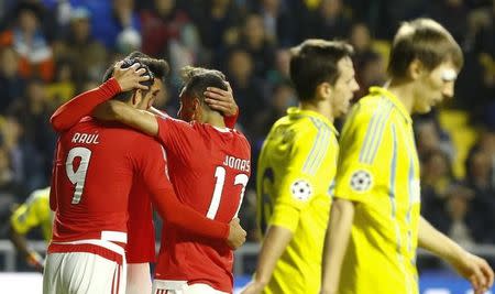 Football Soccer - Astana v Benfica - Champions League Group Stage - Group C - Astana Arena, Astana, Kazakhstan - 25/11/15 Benfica's Raul Jimenez celebrates with his team mates after scoring the first goal for Astana REUTERS/Shamil Zhumatov