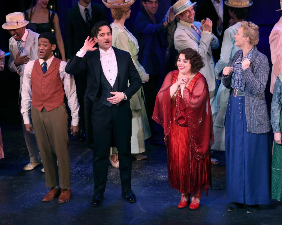 Jared Grimes, from left, Ramin Karimloo, Beanie Feldstein and Jane Lynch appear on stage during the Broadway opening night curtain call of "Funny Girl" at the August Wilson Theatre on Sunday, April 24, 2022, in New York.
