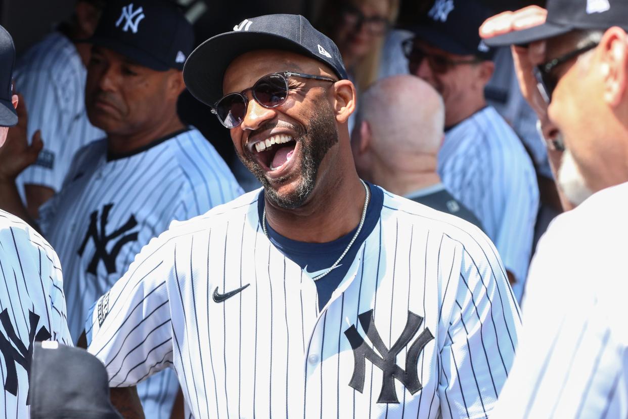 Aug 24, 2024; Bronx, New York, USA; Former New York Yankees pitcher CC Sabathia during the Old TimersÕ Day Ceremony at Yankee Stadium. Mandatory Credit: Wendell Cruz-USA TODAY Sports