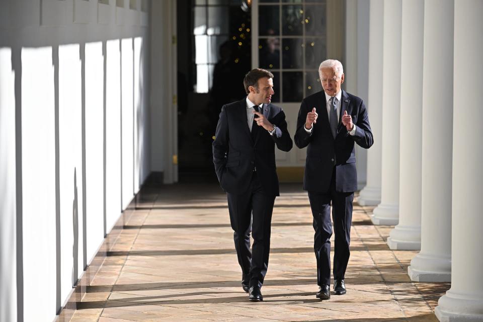 Biden and French President Emmanuel Macron have clashed over subsidy rules in the Inflation Reduction Act. <a href="https://www.gettyimages.com/detail/news-photo/president-joe-biden-and-french-president-emmanuel-macron-news-photo/1245271895" rel="nofollow noopener" target="_blank" data-ylk="slk:Jim Watson-Pool/Getty Images;elm:context_link;itc:0;sec:content-canvas" class="link ">Jim Watson-Pool/Getty Images</a>