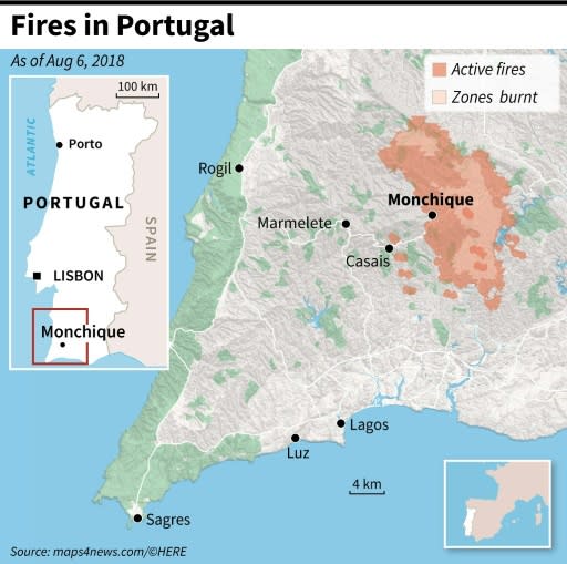 Map locating fires around Monchique in Portugal