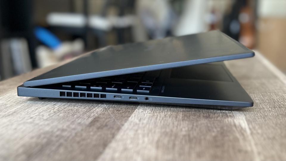 HP Omen Transcend 16 sideways with lid slightly open