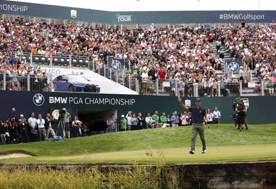 Billy Horschel of the U.S celebrates victory during day four of the PGA Championship at Wentworth Golf Club, Surrey, England, Sunday, Sept. 12, 2021. (Steven Paston/PA via AP)