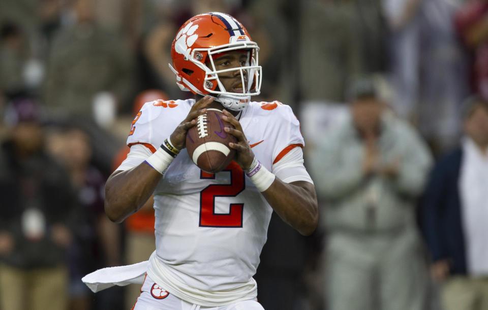 Clemson quarterback Kelly Bryant (2) looks to pass against Texas A&M during the first quarter of an NCAA college football game Saturday, Sept. 8, 2018, in College Station, Texas. (AP Photo/Sam Craft)