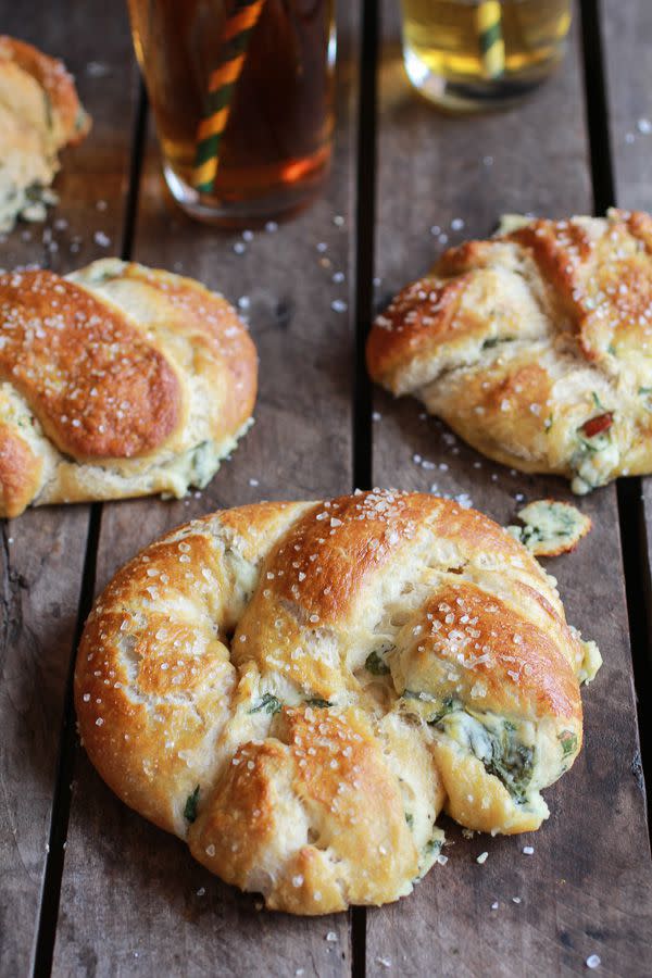 Spinach, Artichoke, and Bacon Stuffed Soft Pretzels