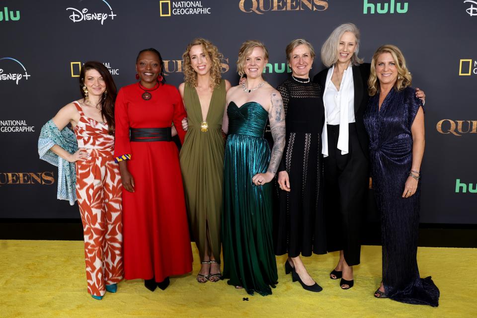 From left: Jen Guyton, Faith Musembi, Chloë Sarosh, Erin Ranney, Justine Evans, Sophie Darlington, and Vanessa Berlowitz at the Los Angeles premiere of Queens