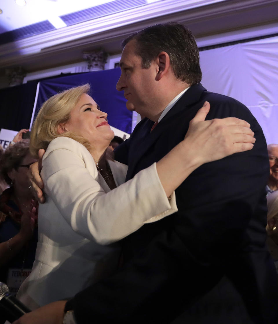 Sen. Ted Cruz, R-Texas, is hugged by his wife, Heidi, during an election night victory party, Tuesday, Nov. 6, 2018, in Houston. (AP Photo/David J. Phillip)