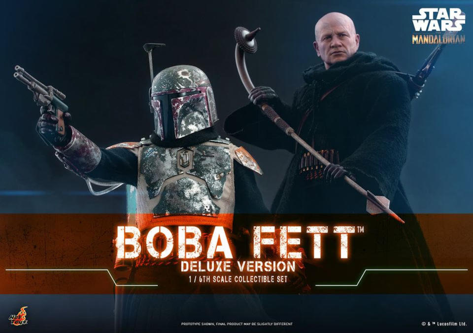 Two Boba Fett collectible figures, one in armor, one in a black robe without his helmet