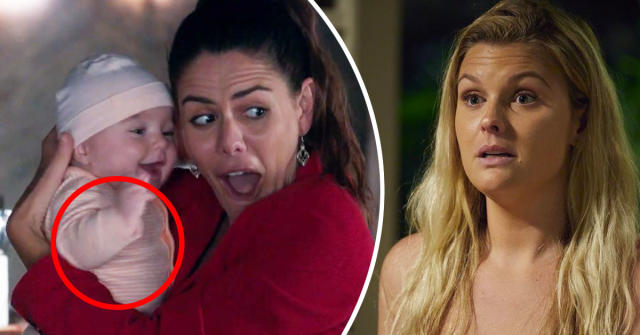 L: Emily Weir holds baby Isabella on Home and Away. R: Sophie Dillman looks shocked on Home and Away.