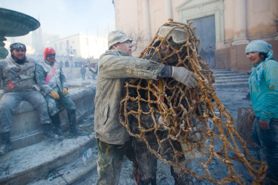 Els Enfarinats Festival Celebrated With Flour Fight In Ibi