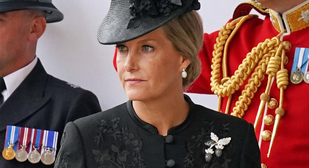 Sophie, Countess of Wessex, made a subtle sartorial tribute to the Queen with her funeral outfit. (Getty Images)