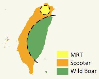 網友將台北市、西部及東部的交通工具三分為「MRT／摩托車／野豬」。（翻攝網路）