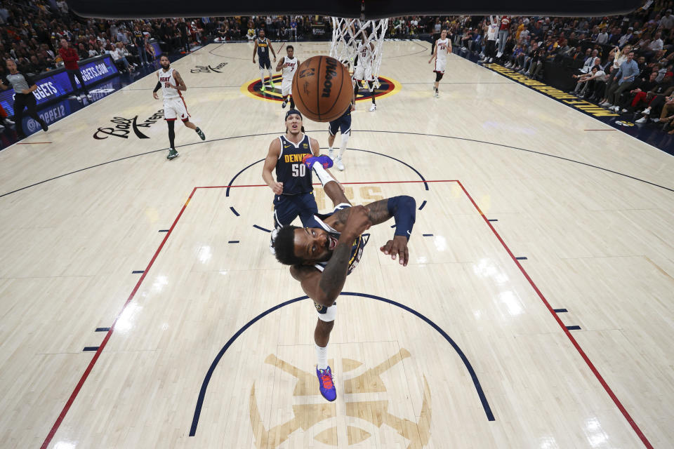 Denver Nuggets forward Jeff Green shoots the ball against the Miami Heat during the first half of Game 2 of basketball's NBA Finals, Sunday, June 4, 2023, in Denver. (Matthew Stockman/Pool Photo via AP)