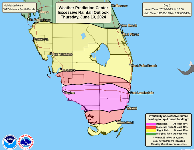 Probability of exessive rainfall leading to rapid onset flooding in southern Florida.