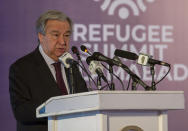 U.N. Secretary-General Antonio Guterres addresses the Refugee Summit in Islamabad, Pakistan, Monday, Feb. 17, 2020. Guterres is on a three-day visit to meet with country's top leadership and attend an international conference to recognize 40 years of Afghans living as refugees. (AP Photo/B.K. Bangash)