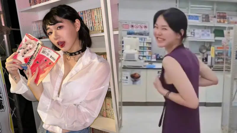 ▲台女優魏喬安在日本超商趁店員不在「脫衣露3點」，短短19秒影片在網路上瘋傳，PTT專業鄉民揪出1疑點。（圖／魏喬安IG、twitter）