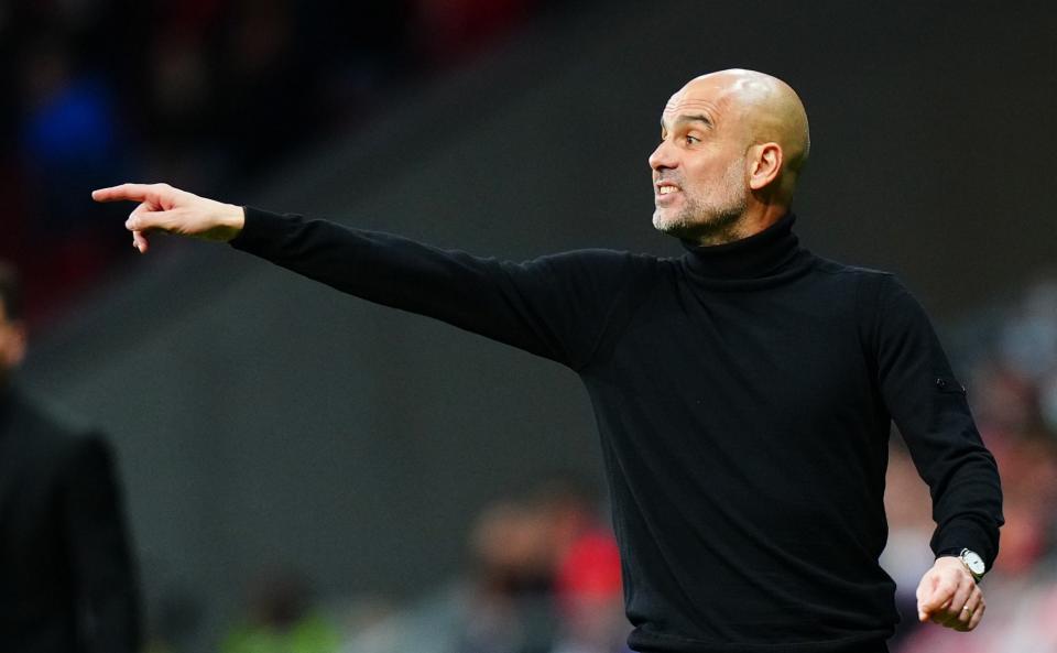 Manchester City Manager, Pep Guardiola reacts during the UEFA Champions League Quarter Final Leg Two match between Atletico Madrid and Manchester City at Wanda Metropolitano on April 13, 2022 in Madrid, Spain - Tom Flathers/Manchester City FC via Getty Images