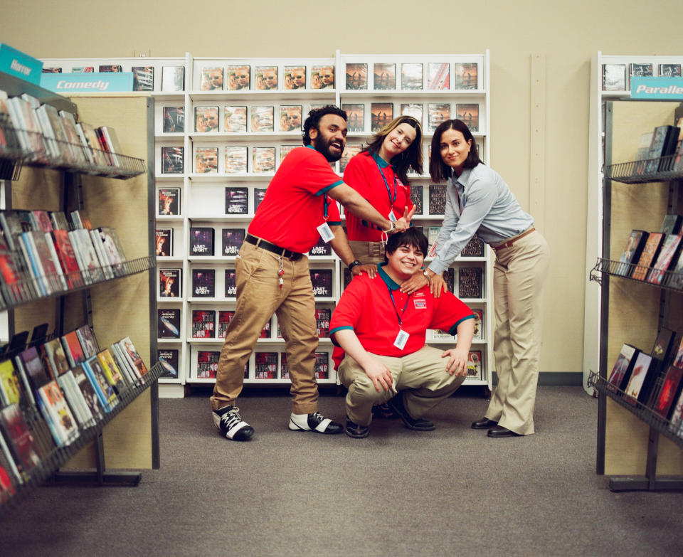 L to R: Andy McQueen (Brendan), Alex Ateah (Shannon), Isaiah Lehtinen (Lawrence) and Romina D'Ugo (Alana) in I LIKE MOVIES. (VHS Forever Inc.)