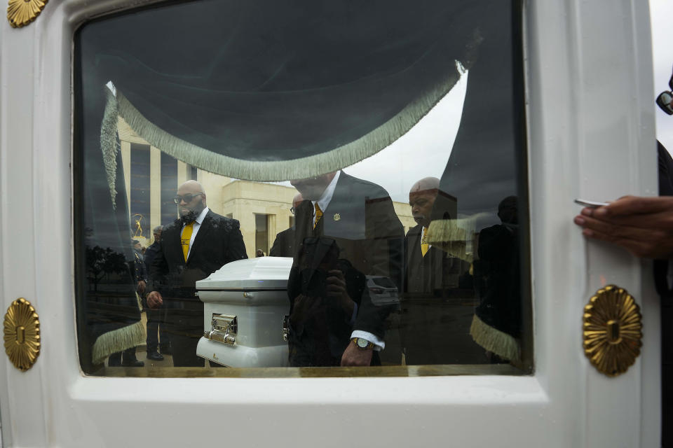 The casket of former U.S. Rep. Eddie Bernice Johnson is placed in a hearse while departing the Hall of State in Fair Park after she lied in state on Monday, Jan. 8, 2024, in Dallas. Johnson, a trailblazing North Texas Democrat who served 15 terms in Congress, died at age 89 on Dec. 31. Her funeral will be held Tuesday at Concord Church in Dallas. (Smiley Pool/The Dallas Morning News via AP, Pool)