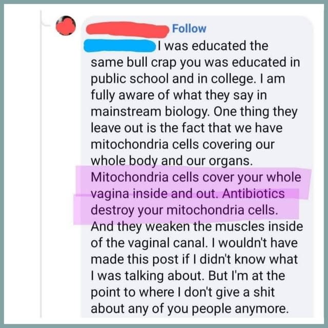 "Mitochondria cells cover your whole vagina inside and out. Antibiotics destroy your mitochondria cells."