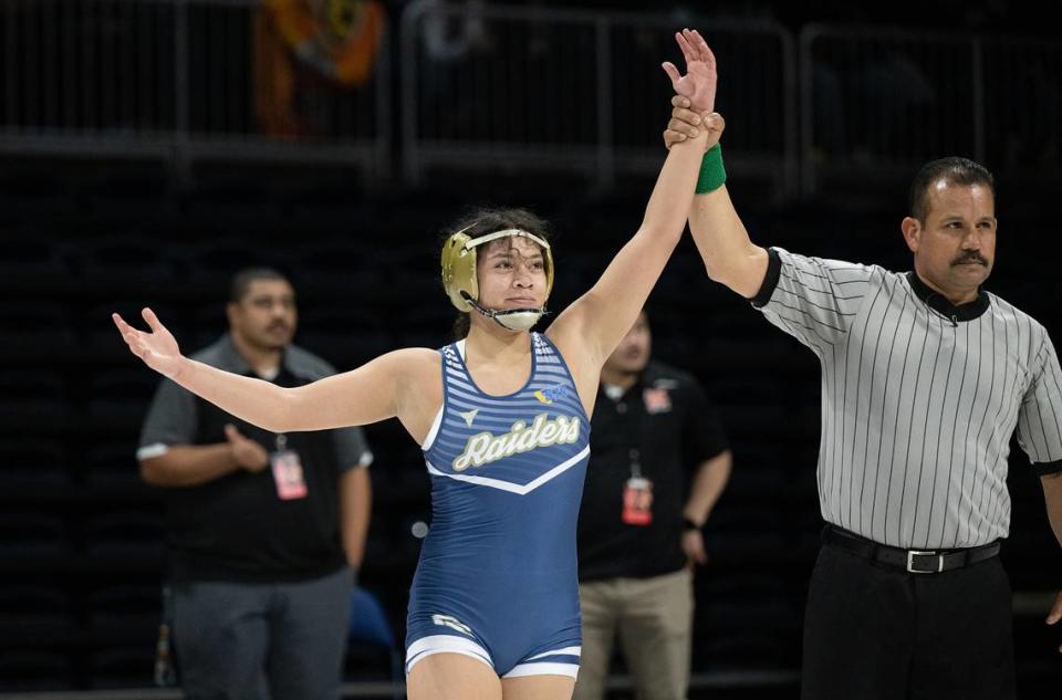 Dulcy Martinez of Central Catholic won the 125-pound championship with a pin on Merced’s Aliza Sanchez in the Sac-Joaquin Section Masters Wrestling Championships in Stockton, Calif., Saturday, Feb. 17, 2024.