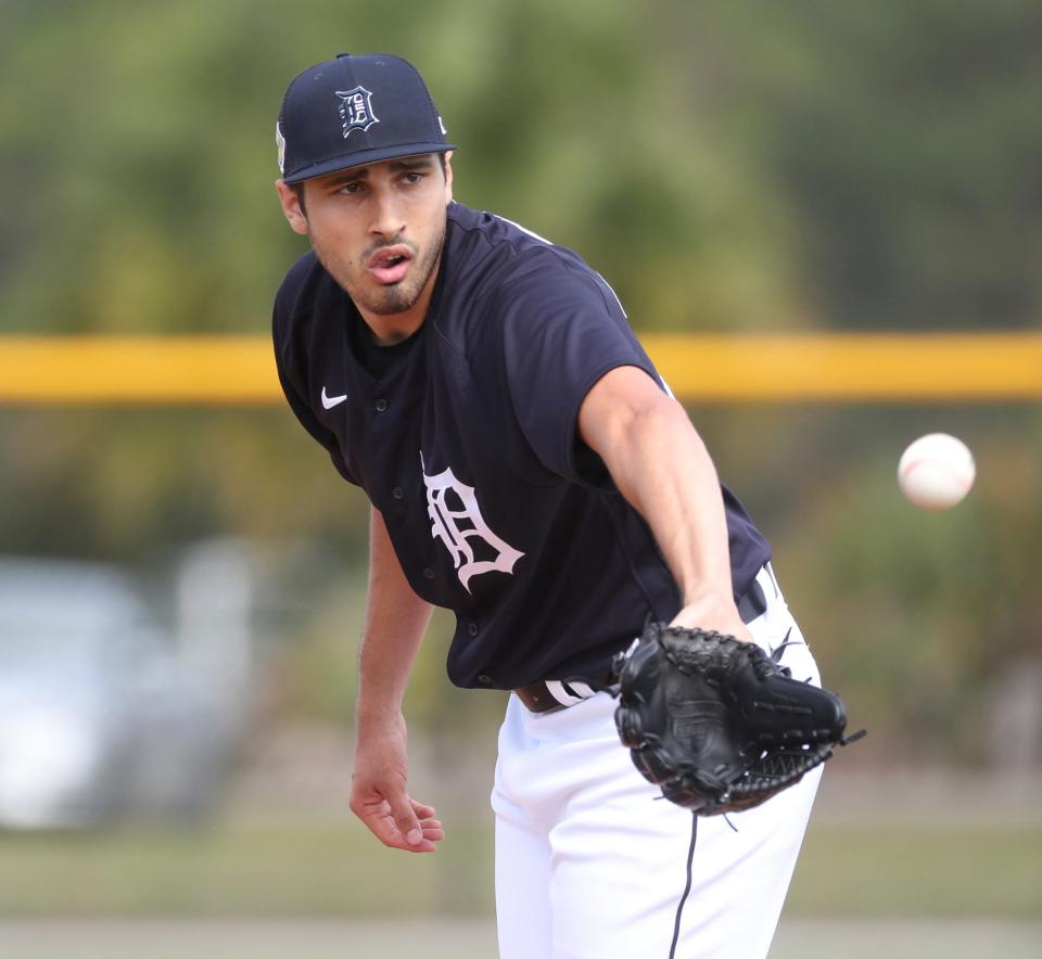 Tigers pitcher Alex Faedo throws live batting practice during spring training on Tuesday, March 15, 2022, at Tiger Town in Lakeland, Florida.