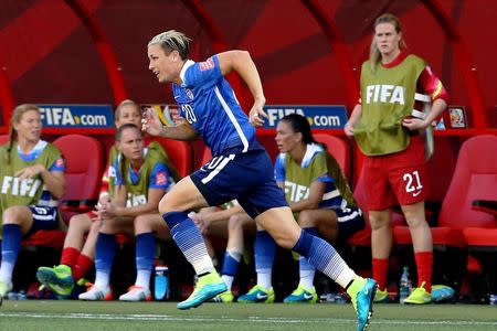 Jun 12, 2015; Winnipeg, Manitoba, CAN; United States forward Abby Wambach (20) enters the game during the second half against Sweden in a Group D soccer match in the 2015 FIFA women's World Cup at Winnipeg Stadium. The game ended in a draw 0-0. Mandatory Credit: Bruce Fedyck-USA TODAY Sports