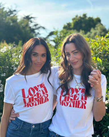 <p>Alliance of Moms/Instagram</p> Meghan Markle and Kelly McKee Zajfen wear the Alliance of Mom's charitable new Love Like a Mother t-shirts.