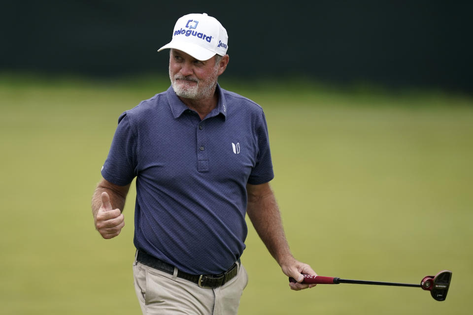 Jerry Kelly reacts after making a birdie putt on the 17th green during the final round of the PGA Tour Champions Principal Charity Classic golf tournament, Sunday, June 5, 2022, in Des Moines, Iowa. (AP Photo/Charlie Neibergall)