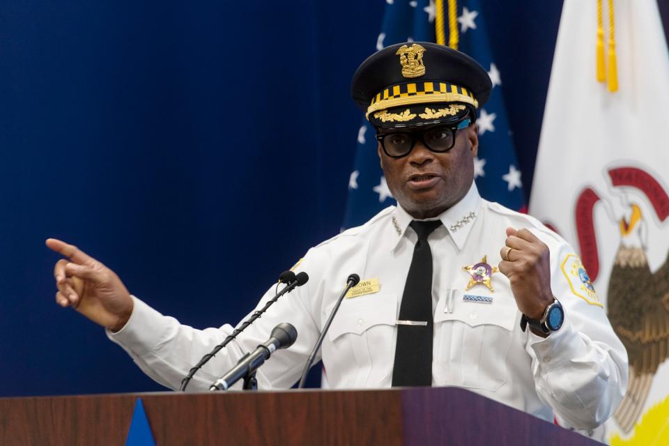 Chicago Police Superintendent David Brown speaks to reporters during a press conference at Chicago Police Headquarters, Thursday, Jan. 21, 2021.