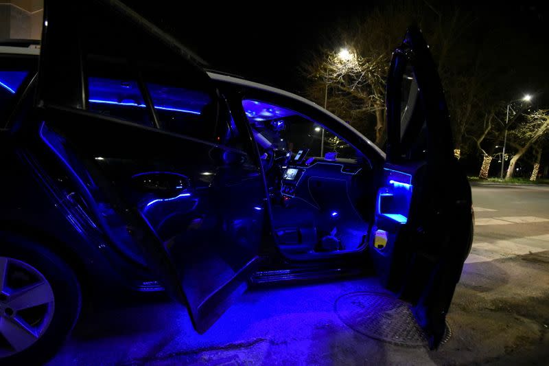 View of the taxi of Greek driver Konstantinos Bekios, who turned his vehicle into a 'night club' in Thessaloniki