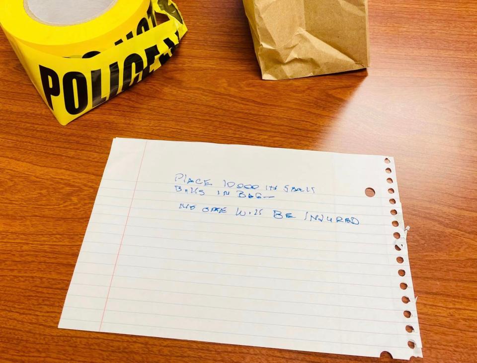 Port St. Lucie Police said this note was used in an alleged bank robbery Oct. 26, 2023, in Tradition. The accused robber quickly was apprehended in the lobby.