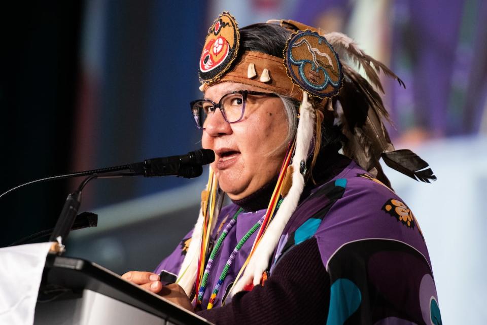 Assembly of First Nations National Chief, RoseAnne Archibald, speaks during her closing address at the Assembly of First Nations Special Chiefs Assembly in Ottawa, Thursday, Dec. 8, 2022. The Assembly of First Nations says it has secured an extra $3 billion from the federal government in a historic child-welfare compensation case.