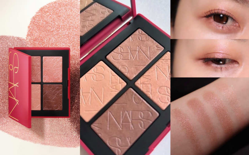 NARS 4色眼彩盤#OSAKA享愛心意限定版／1,850元  揉入閃片、珠光、霧光的3種質地，可疊擦出細緻層次感眼妝。（圖／品牌提供、取自yu_cosmemtg IG、na.na1557 IG）